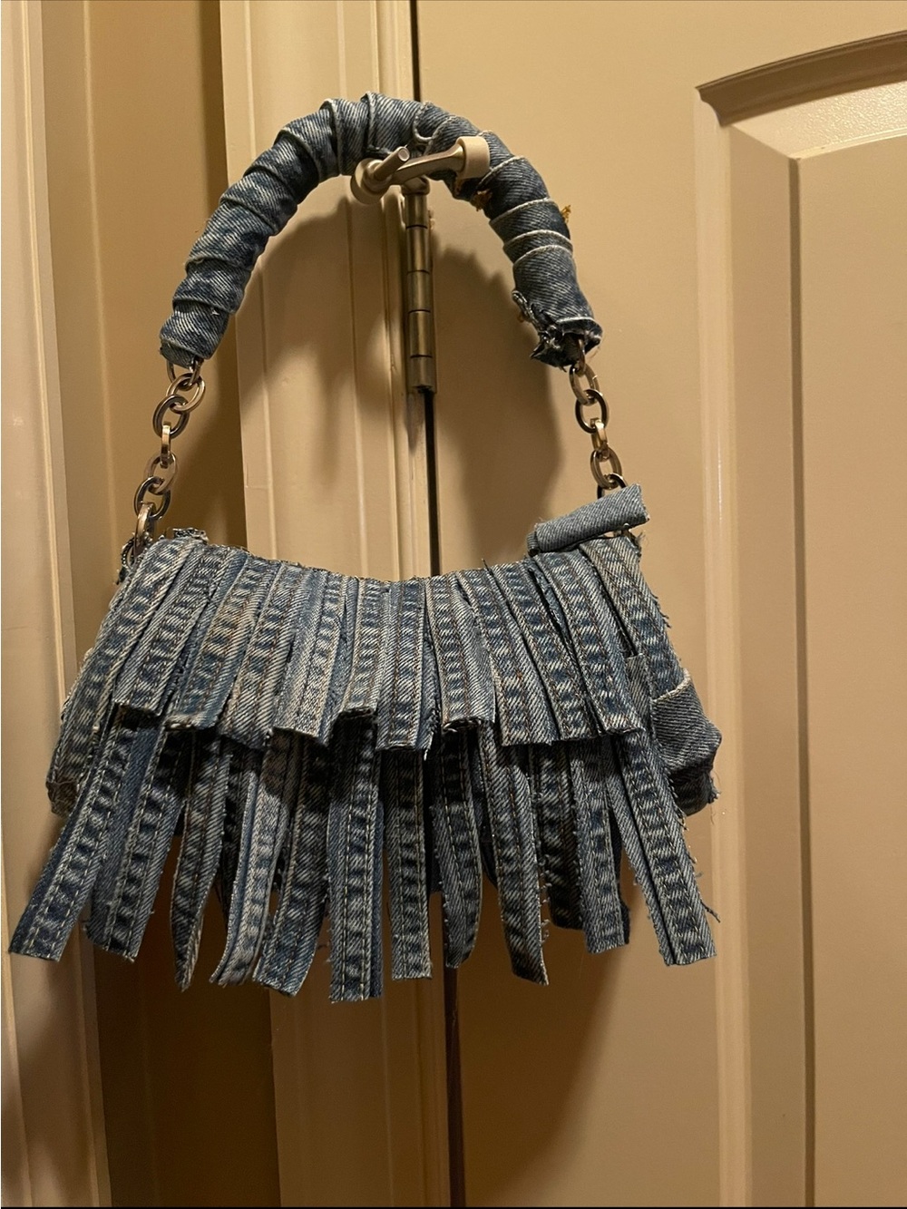 Denim Fringe Shoulder Bag - Blue